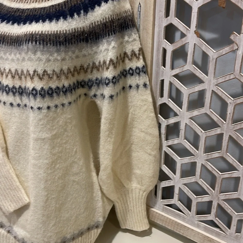 J Crew Fair Isle Yoke Puff Sleeve Sweater Women's M Cream Wool Alpaca Casual ✨